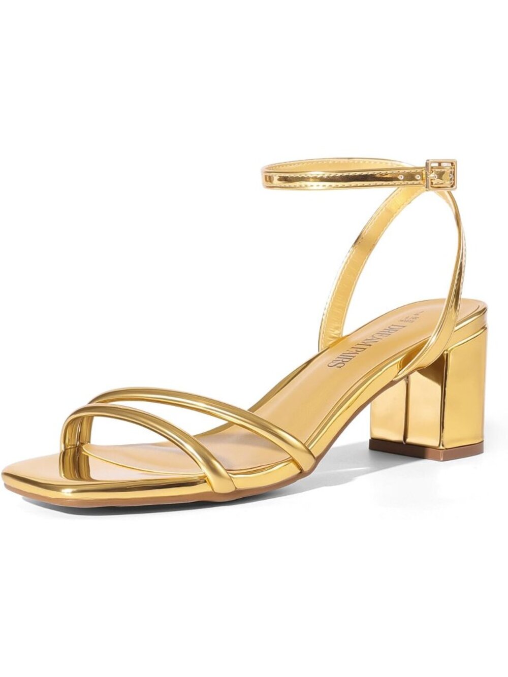 Women's Gold Faux Leather Square-Toe Chunky Block Ankle Buckle Heeled Sandals